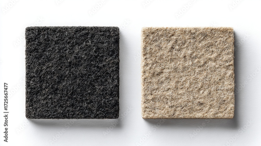 Fototapeta premium Black and Beige Square Coasters on White Background Top-Down Flat Lay with Soft Texture