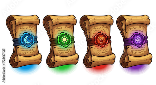Mystical scrolls with ancient symbols glowing brightly.