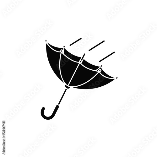 Umbrella in strong wind icon. Weather symbol for stormy conditions, black silhouette.