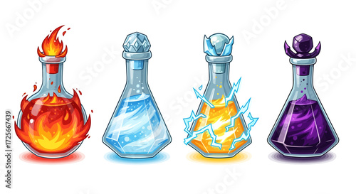 Four colorful potion bottles arranged together.