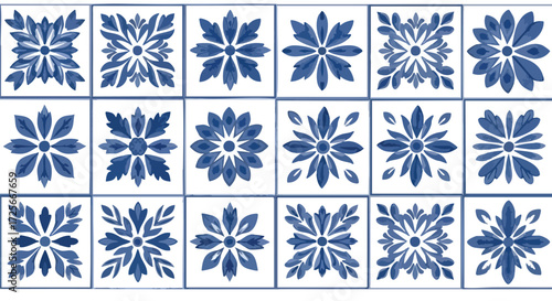 Stunning blue and white floral watercolor tiles create an elegant, timeless pattern perfect for interior design projects and decorative applications.
