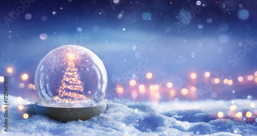 Christmas Tree In Snowglobe On Snow In Night With Shiny Star And In Winter Background - Festive Bokeh Lights