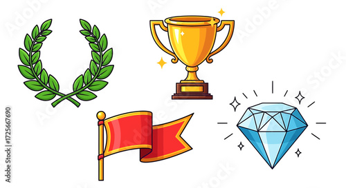 Illustration of a Trophy, Wreath, Diamond, and Flag representing success.