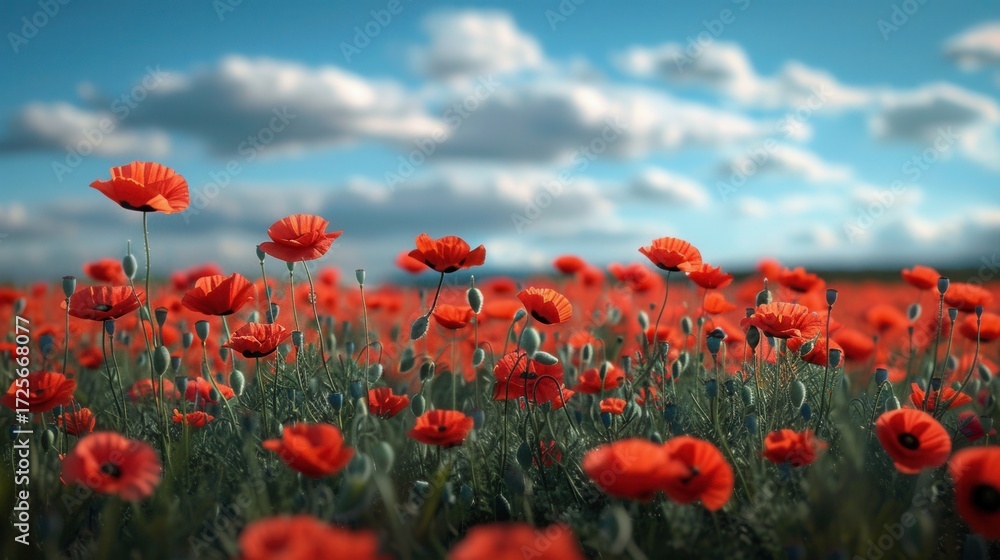 Obraz premium Vibrant red poppies bloom in a field under a bright blue sky with fluffy clouds.