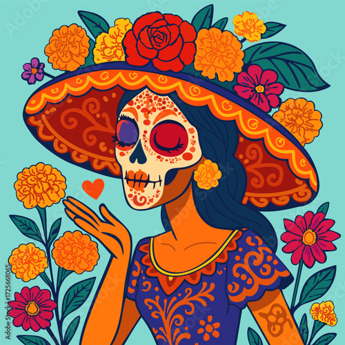 Mexican Catrina, blowing a kiss surrounded by marigolds and zinnias.l Day of the Dead concept. Bright vector illustration