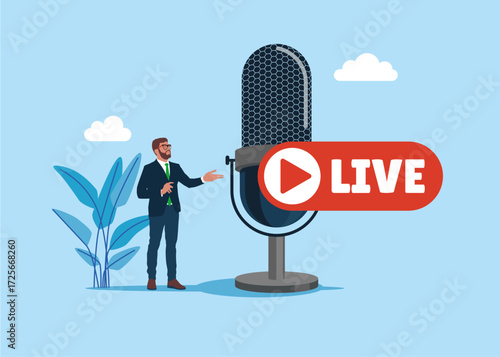 Social media playing video and microphone promote the idea of passive revenue generation. Vector flat illustration