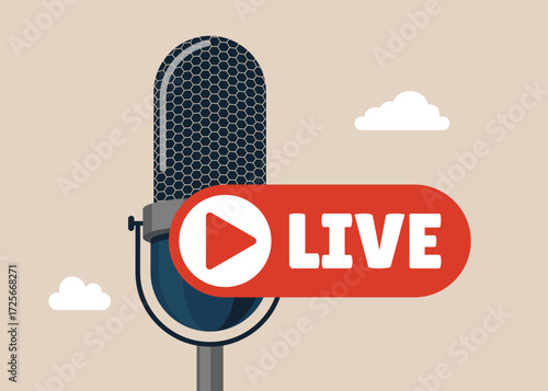 Live stream on social media browser. Talking about financial Radio or tv program broadcasting. Vector flat illustration