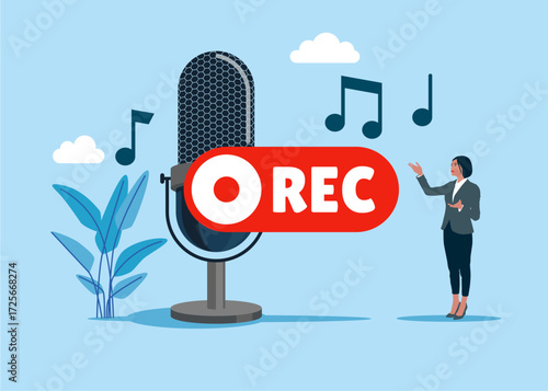 Voice podcast for vitality simplicity. Mic record for music singer and song. Vector flat illustration
