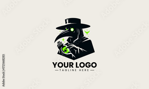 Mysterious plague doctor character with glowing green eyes and a bottle in a striking black silhouette vector logo design on a clean white background