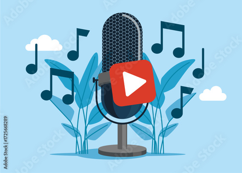 Microphone with music note, harmony tone. Vector flat illustration