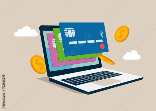 Credit card or contactless payment business. Bank credit card money financial security for online shopping on laptop. Vector flat illustration