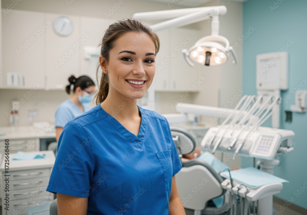 Obraz premium Smiling dental professional in blue scrubs stands confidently in a modern well lit dental office with equipment in background