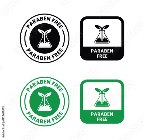 Paraben Free with a leaf drop label, logo, badge, icon, sticker, symbol, emblem, stamp, green, line, flat vector, isolated illustration. Paraben Free label for product packaging design.