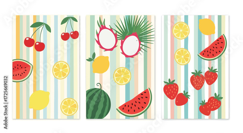 Summer vibes with vibrant fruits like cherries, dragon fruit, strawberries, watermelon, and lemons on a fun striped background creating a fresh, playful mood