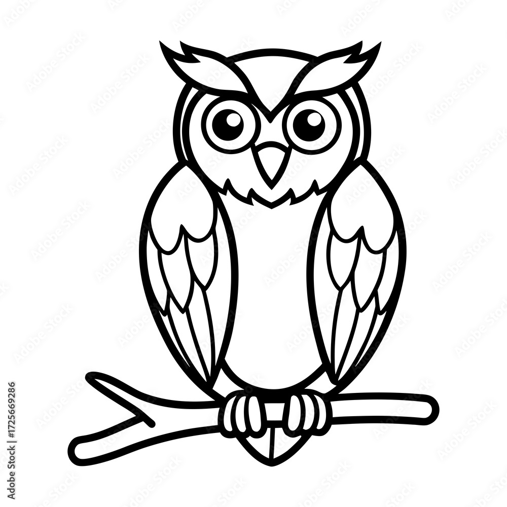 Fototapeta premium Cute cartoon owl sitting on a branch black and white illustration