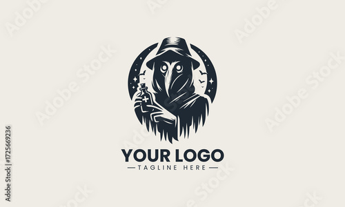 Mysterious plague doctor character with glowing green eyes and a bottle in a striking black silhouette vector logo design on a clean white background