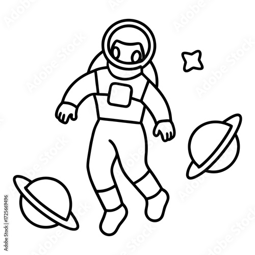 Cartoon astronaut floating in space with planets and stars