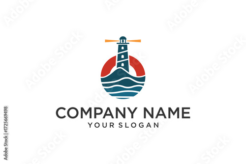 Lighthouse, Beacon logo icon. Vector Illustration. Modern linear simple logotype template. Lighthouses and ocean waves.