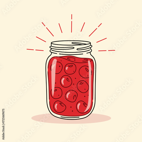 Homemade cherry jam in a glass jar with a lid and rays emanating from the top.