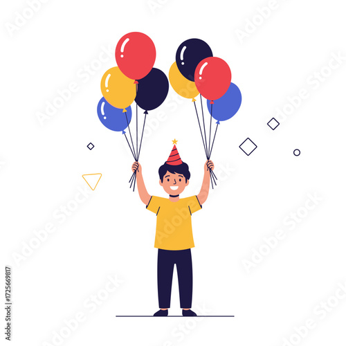 A happy child wearing a party hat holds a bunch of colorful balloons.