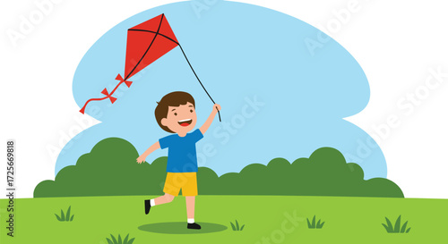 Happy young boy running with a bright red kite in a green park on a sunny day, enjoying a fun outdoor activity