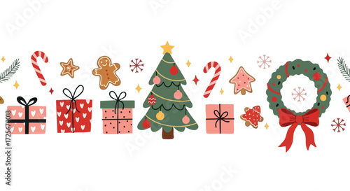 Joyful Christmas border with festive gifts, candy canes, gingerbread cookies, and a beautiful evergreen wreath ready for holiday celebrations