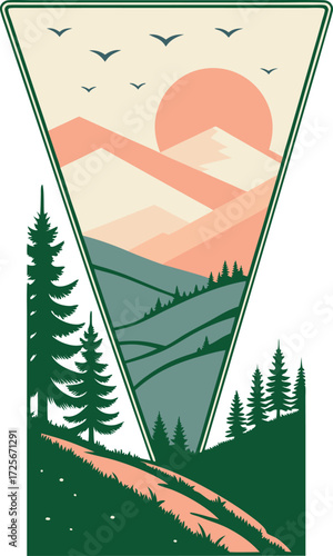 Serene mountain vista at sunrise with birds flying, rendered in a modern vintage style, perfect for travel, nature and outdoor brands, originally vector