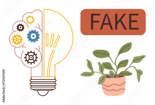 Half bulb with gears symbolizes artificial intelligence potted plant with fake label contrasts natural vs synthetic elements. Ideal for creativity, innovation, technology, AI, authenticity, ethics
