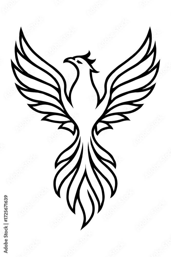 Fototapeta premium Rising Phoenix Bird Line Art Vector Icon - Mythological Symbol of Rebirth and Strength