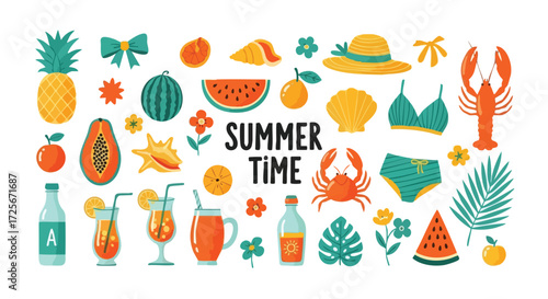 Vibrant summer time collection featuring tropical fruits, beach wear, refreshing drinks, and sea creatures evoking a sunny vacation vibe