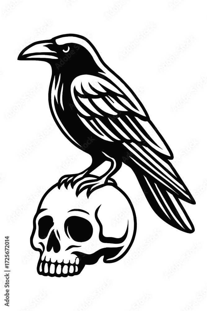 Fototapeta premium Black Raven or Crow Perched on Skull Vector Icon - Gothic Death Symbol Design