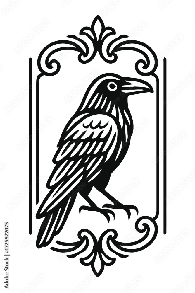 Naklejka premium Black Raven or Crow in Ornate Frame Vector Logo Icon - Vintage Mystical Emblem Design
