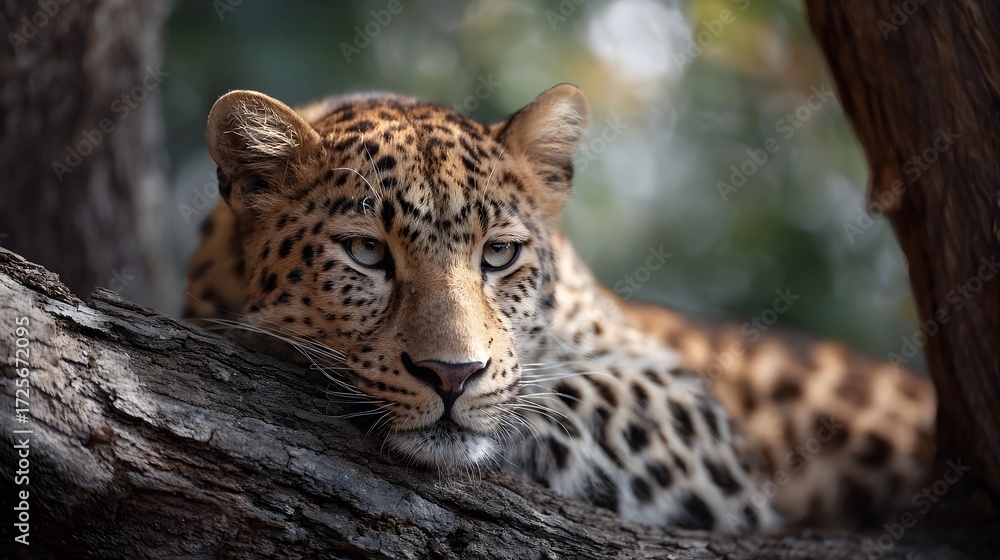 Fototapeta premium A majestic leopard rests on a tree branch its spotted coat detailed against a blurred natural background