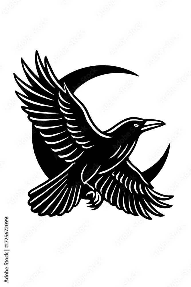 Obraz premium Flying Black Raven or Crow with Crescent Moon Vector Icon - Gothic Celestial Symbol