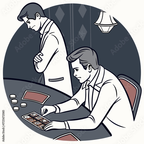 Vector illustration of two men at a casino card table, gambling with chips and cards. Perfect for depicting poker, blackjack, betting, risk, gambling addiction, casino atmosphere, and gaming themes.