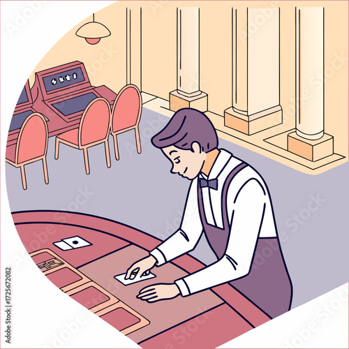 Vector illustration of a casino dealer preparing cards at a gaming table. Perfect for casino, poker, blackjack, gambling, betting, and entertainment themes in vector art and design.