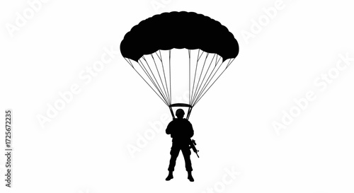 Paratrooper Silhouette in Mid-Descent Vector Outline