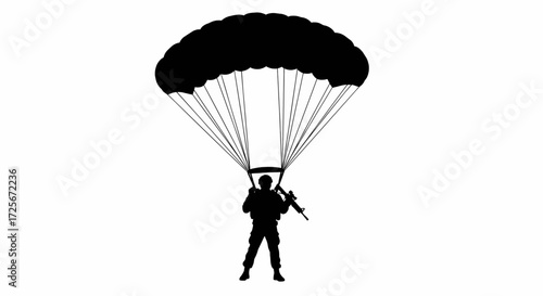 Paratrooper Silhouette in Mid-Descent Vector Outline