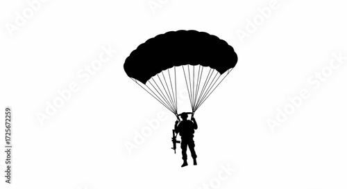 Paratrooper Silhouette in Mid-Descent Vector Outline
