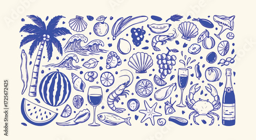 Vibrant summer vacation doodles featuring palm trees, ocean waves, fruits, seafood, and celebratory drinks evoke fun beach party vibes