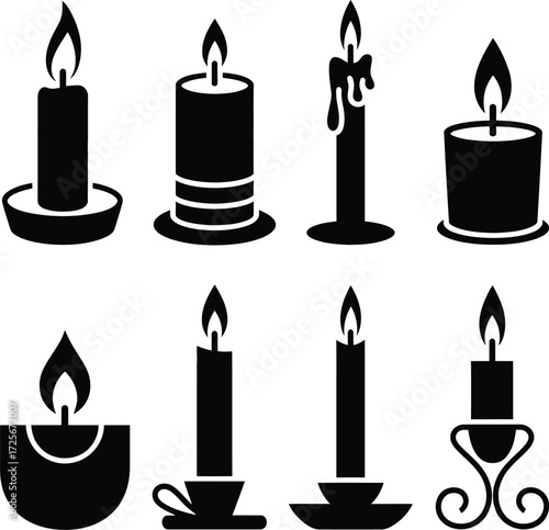 Elegant collection of monochrome candle silhouettes, perfect for illustrating concepts of light, hope, peace, or festive occasions in a minimalist style