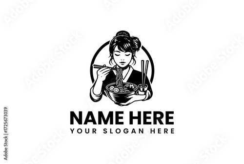 Illustration of a woman in traditional clothing eating noodles with chopsticks from a bowl.