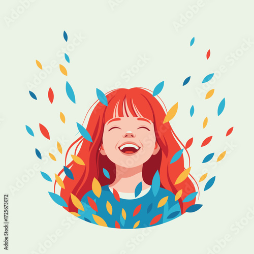A young woman with bright red hair laughing joyfully surrounded by colorful falling leaves and confetti.