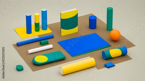 Abstract Geometric Shapes Composition: Colorful Cylinders, Blocks, and a Book