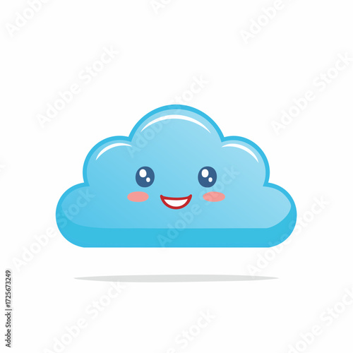 A light blue cartoon cloud with a happy face and a shadow on a white background in a simple style