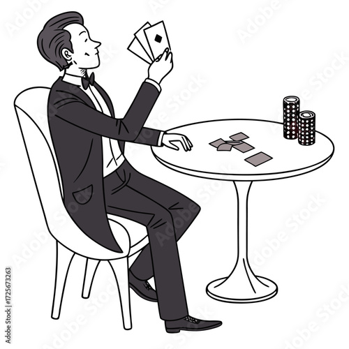 Vector illustration of a sophisticated man in a tuxedo playing poker with cards and chips at a casino table. Ideal for gambling, betting, poker tournaments, casino nights, and luxury lifestyle themes