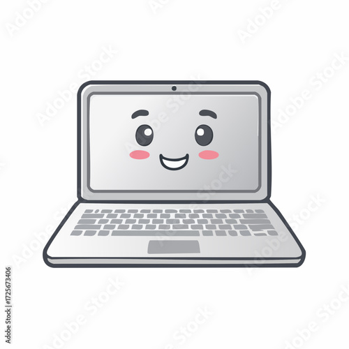 Cartoon laptop with a kawaii face featuring rosy cheeks and a smiling expression on a white background