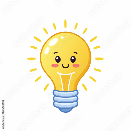 A cartoon light bulb with a cute face and radiating light on a white background is depicted here