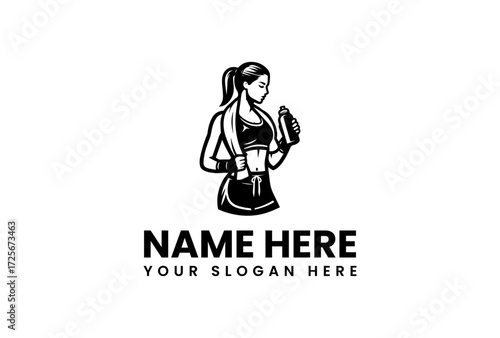 Athletic Woman Holding Water Bottle Ready for Workout Silhouette Logo.