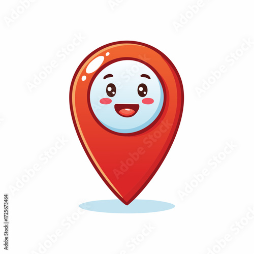 Illustration of a smiling red map pin with a white face and rosy cheeks on a white background